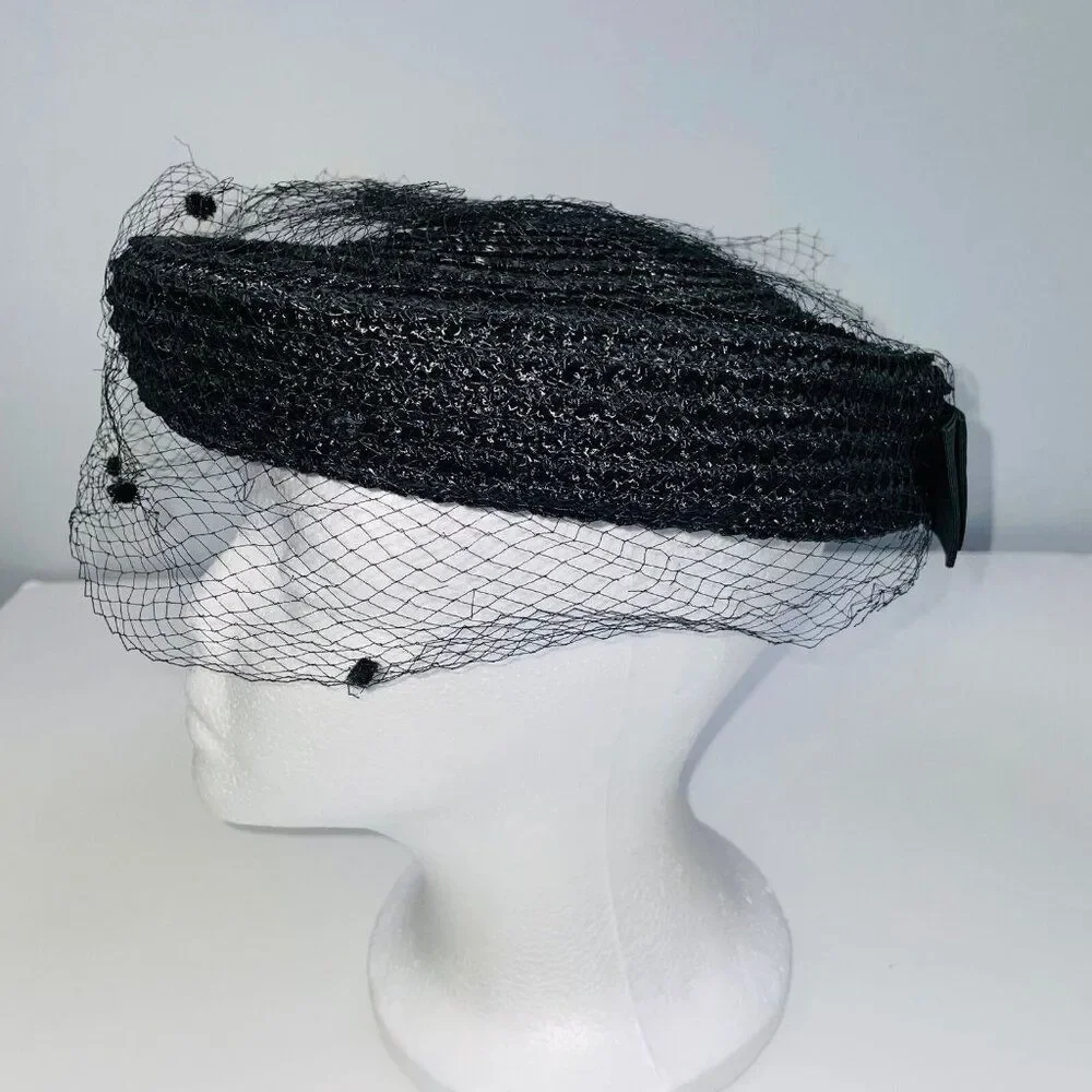 Vintage Womens Hat Black Pillbox Church Netting Bow Wedding Costume Theatre